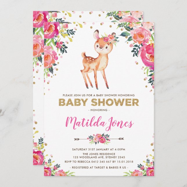 Invitación Chica Woodland Deer Floral Fawn Fiesta Baby Shower (Anverso / Reverso)