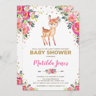 Invitación Chica Woodland Deer Floral Fawn Fiesta Baby Shower