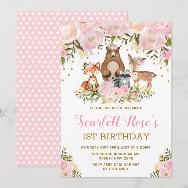 Invitación Chica Woodland Primer cumpleaños Fiesta floral de  (Anverso / Reverso)