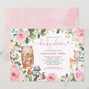 Invitación Chica Woodland Rosas Florales Rosa Baby Shower
