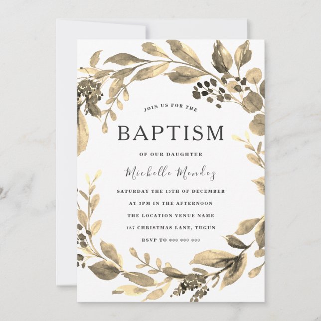 Invitación Chica Wreath Baptism Christening (Anverso)