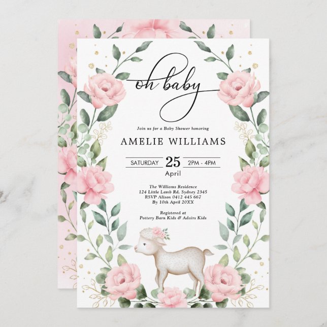 Invitación Chica Wreath de cordero floral rosa Baby Shower (Anverso / Reverso)