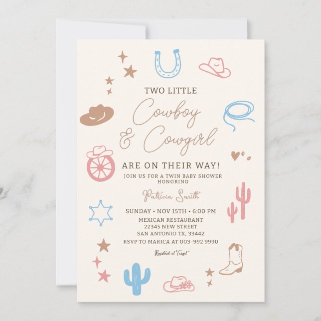 Invitación Chica y Chico del Oeste Gemelo Fiesta de Bebé Mode (Anverso)
