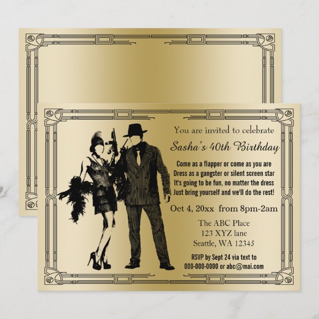 Invitación Chica y gángster del Art Deco de los años 20 (Anverso / Reverso)