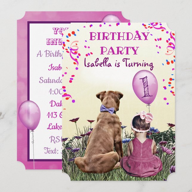 Invitación Chica y su fiesta de cumpleaños púrpura de perro (Anverso / Reverso)