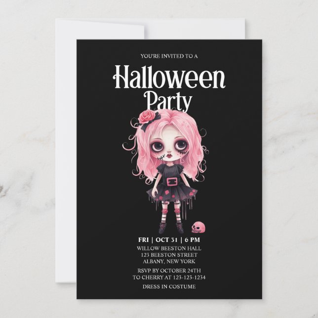 Invitación Chica zombi Skull Pink Horror Halloween Party (Anverso)