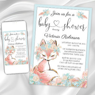 Invitación Chica Zorro Rosa Turquesa Dorado Aquarela Baby Sho