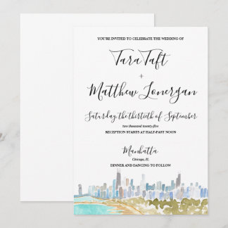 Invitación Chicago City Skyline Watercolor Wedding Invitation