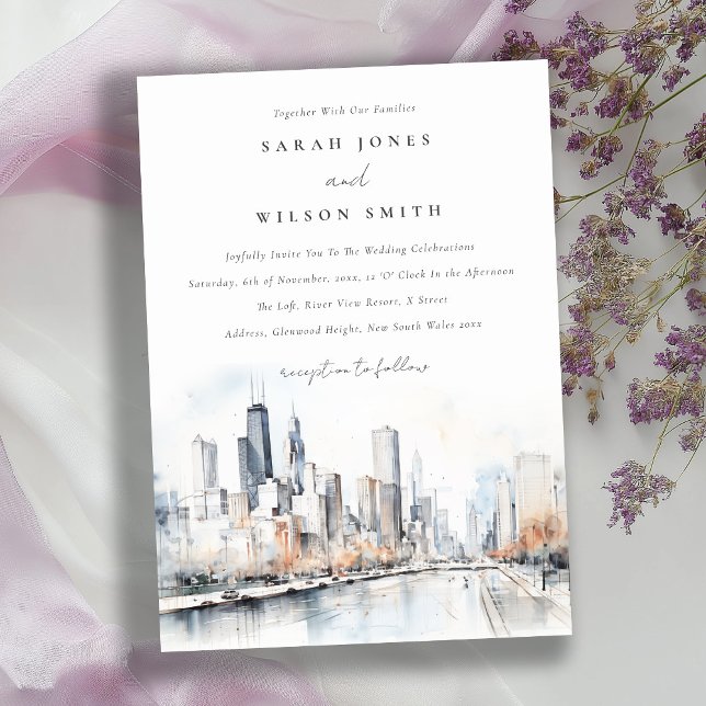 Invitación Chicago, Illinois City Scape Watercolor Boda (Subido por el creador)