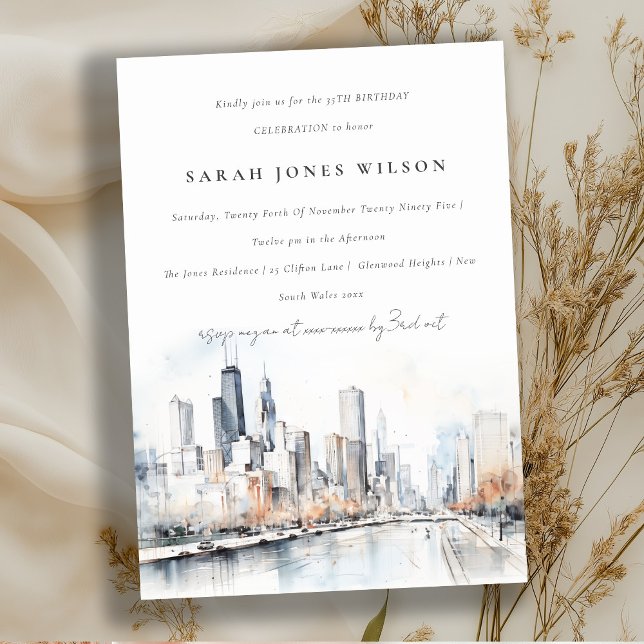 Invitación Chicago, Illinois City Scape Watercolor Cumpleaños (Subido por el creador)
