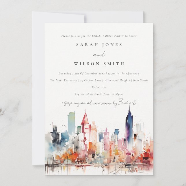 Invitación Chicago Illinois Watercolor Landscape Engagement (Anverso)