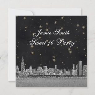 Invitación Chicago Skyline Black Gold Star Sweet 16