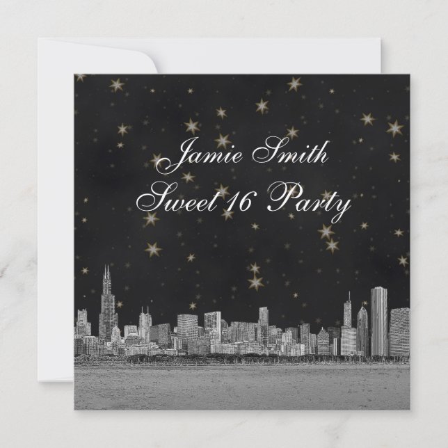 Invitación Chicago Skyline Black Gold Star Sweet 16 (Anverso)
