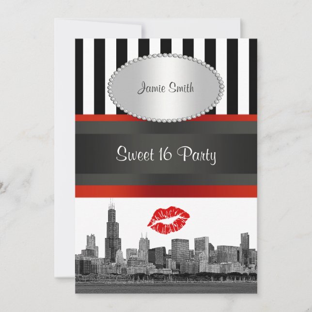 Invitación Chicago Skyline BW Blk Wht Strp Red Kiss Sweet 16 (Anverso)