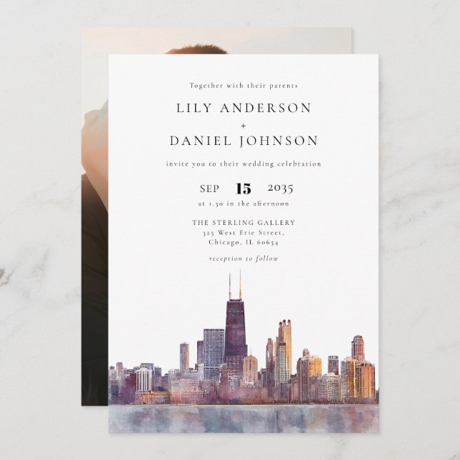 Invitación Chicago Skyline Destination Photo Wedding (Anverso / Reverso)