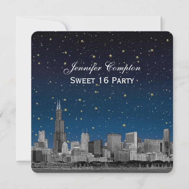 Invitación Chicago Skyline Etch Blue Starry SQ Sweet 16 (Anverso)