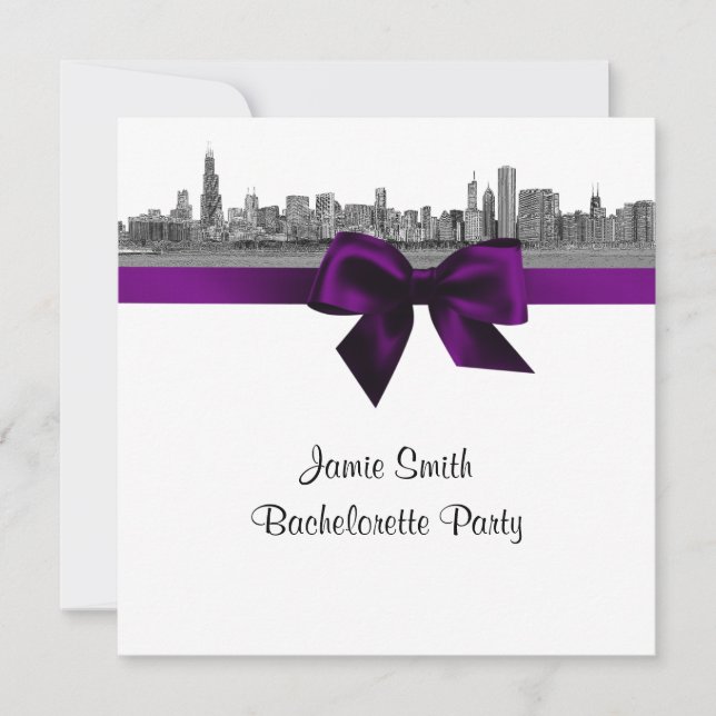 Invitación Chicago Skyline Etch BW Purple SQ Bachelorette (Anverso)