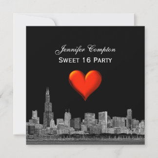Invitación Chicago Skyline Etch DIY BG Corazón Rojo SQ Dulces