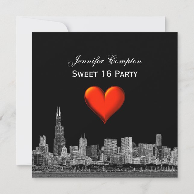 Invitación Chicago Skyline Etch DIY BG Corazón Rojo SQ Dulces (Anverso)