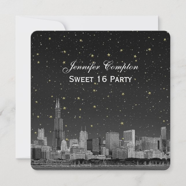 Invitación Chicago Skyline Etch Gray Starry SQ Sweet 16 (Anverso)