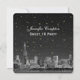 Invitación Chicago Skyline Etch Gray Starry SQ Sweet 16