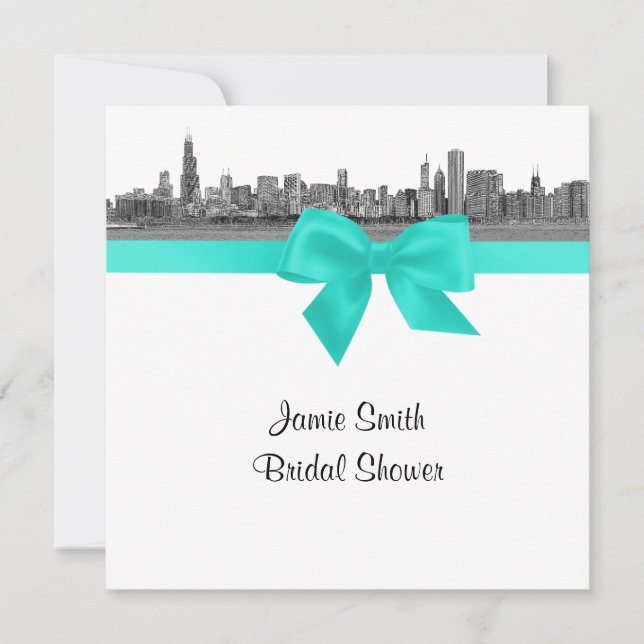 Invitación Chicago Skyline Etched BW Aqua SQ Bridal Shower S (Anverso)