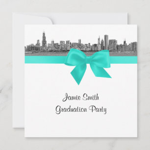 Invitación Chicago Skyline Etched BW Aqua SQ Graduation Party