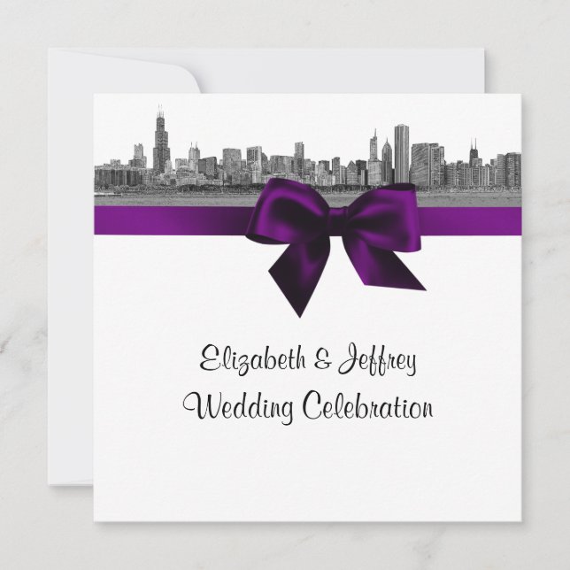 Invitación Chicago Skyline Etched BW SQ Purple Boda (Anverso)
