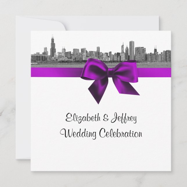 Invitación Chicago Skyline Etched BW SQ Violet Boda (Anverso)