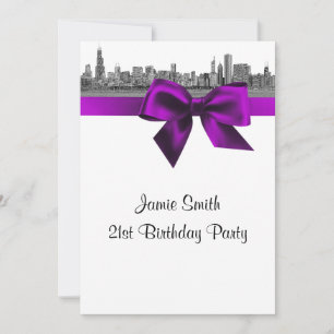 Invitación Chicago Skyline Etched BW Violet Birthday Party