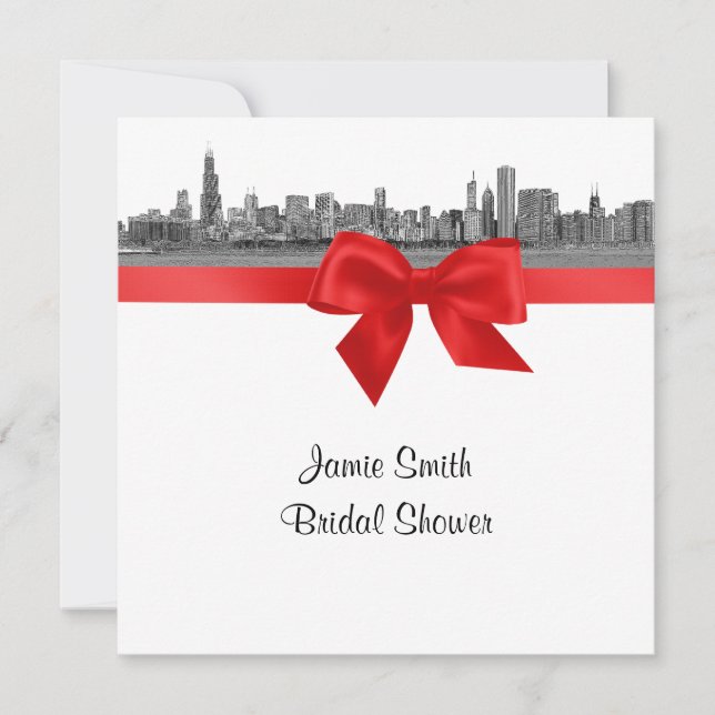 Invitación Chicago Skyline Grabado BN Rojo SQ Desayuno de Des (Anverso)