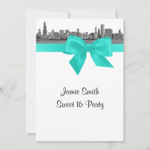 Invitación Chicago Skyline Grabado BW Aqua Sweet Sixteen