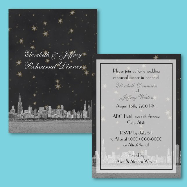 Invitación Chicago Skyline Negro Estrella Dorada Ensayo (Subido por el creador)