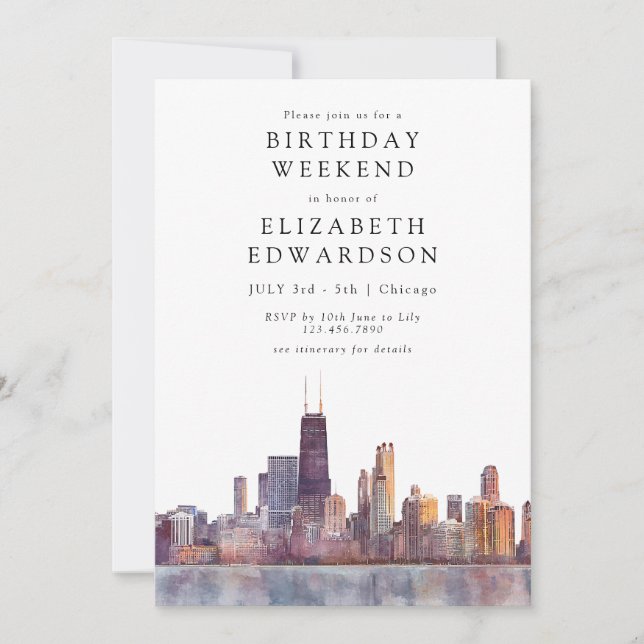 Invitación Chicago Skyline Watercolor Birthday Weekend (Anverso)