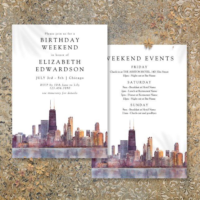 Invitación Chicago Skyline Watercolor Birthday Weekend (Chicago Skyline Watercolor Birthday Weekend Invitation)