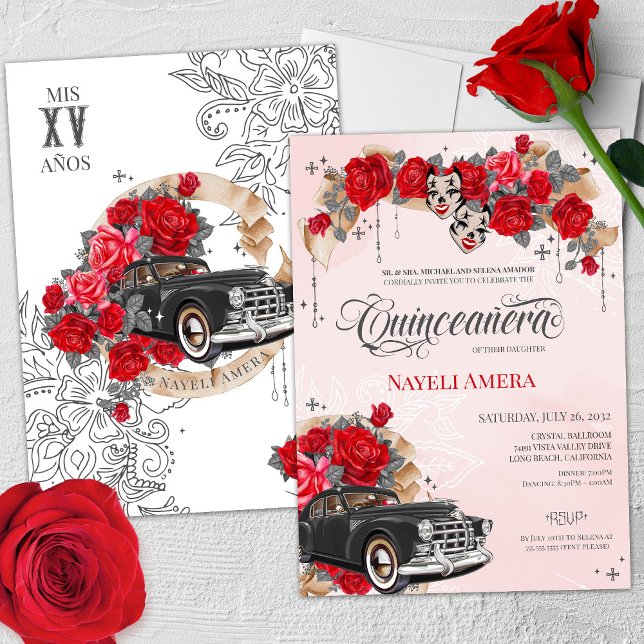 Invitación Chicana Lowrider Red Rose Chola Quinceanera (Subido por el creador)