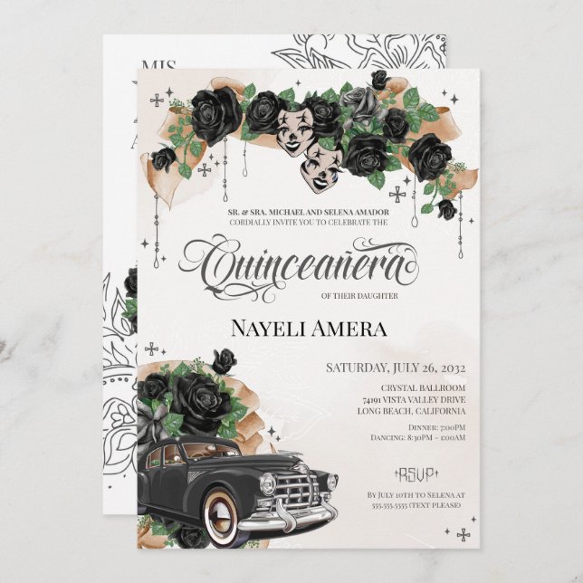 Invitación Chicana Lowrider Rosa negro Chola Quinceanera (Anverso / Reverso)