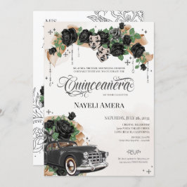 Invitación Chicana Lowrider Rosa negro Chola Quinceanera