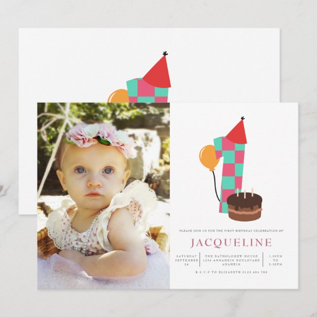 Invitación Chicas 1ª foto de cumpleaños (Anverso / Reverso)