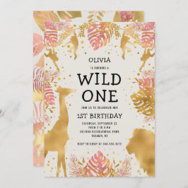 Invitación Chicas 1ᵉʳ cumpleaños Pink Ecru Safari