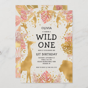 Invitación Chicas 1ᵉʳ cumpleaños Pink Ecru Safari
