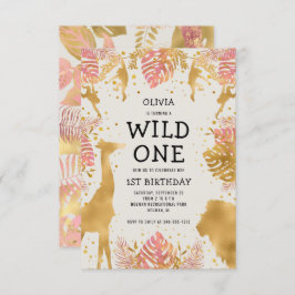 Invitación Chicas 1ᵉʳ cumpleaños Pink Ecru Safari