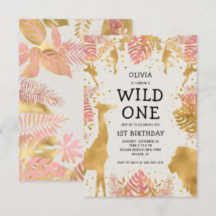 Invitación Chicas 1ᵉʳ cumpleaños Pink Ecru Safari