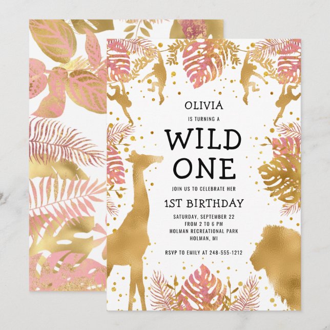 Invitación Chicas 1ᵉʳ Nacimiento Pink Gold Safari (Anverso / Reverso)