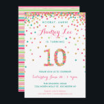 Invitación Chicas 10.ª fiesta de cumpleaños<br><div class="desc">¡Celebra el cumpleaños de tu hijo de 10 años con oro colorido, rosa, menta y confetti verde azulado en estas invitaciones de 10 años! Con los detalles del fiesta de su hija y un "10" en confeti. El título dice: "¡HOORAY, AMEN!" Unas cortas rayas coloridas en la parte posterior. Este...</div>