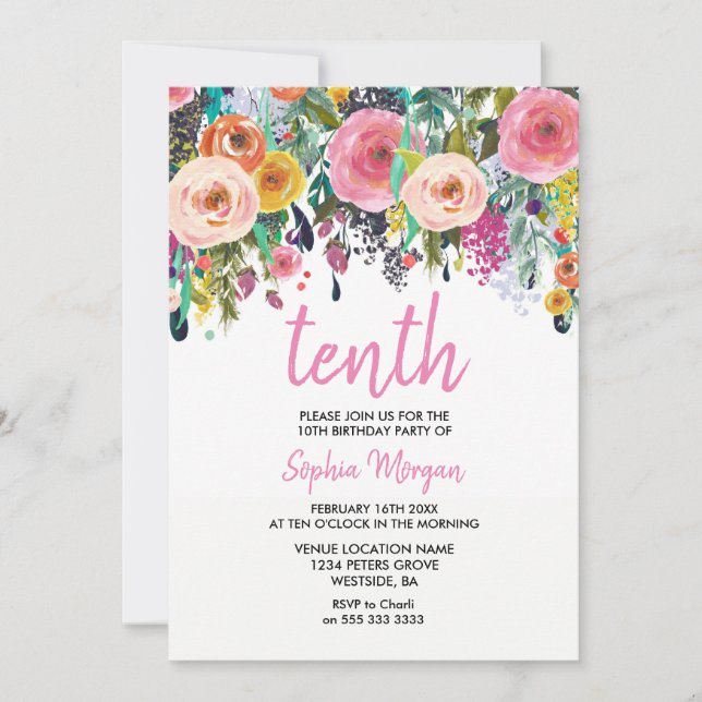 Invitación Chicas 10.ª fiesta de cumpleaños invitan a la flor (Anverso)