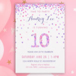 Invitación Chicas 10.º cumpleaños  Confetti Fiesta<br><div class="desc">¡Celebra el cumpleaños de tu hijo de 10 años con coloridos confeti rosado y morado en estas invitaciones de cumpleaños de 10 años! Con los detalles del fiesta de su hija y un "10" en confeti. La parte posterior tiene un diseño de confeti con un suave color de lavanda. Este...</div>