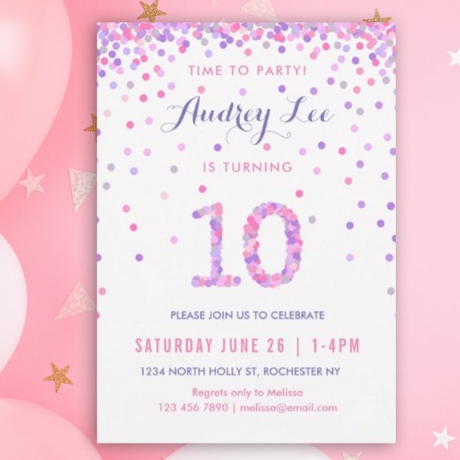 Invitación Chicas 10.º cumpleaños  Confetti Fiesta (Pink and purple confetti invitation for your 10 year old's birthday)