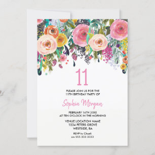 Invitación Chicas 11ª fiesta de cumpleaños invitan a flores r