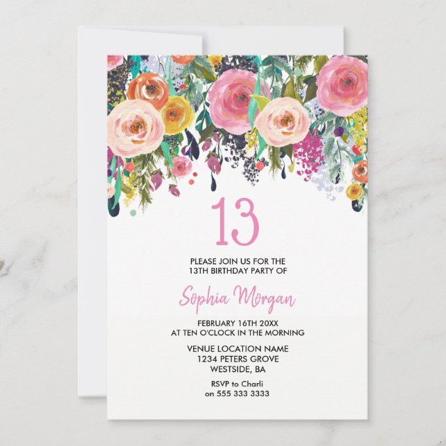 Invitación Chicas 13.ª fiesta de cumpleaños invitan a flores  (Anverso)